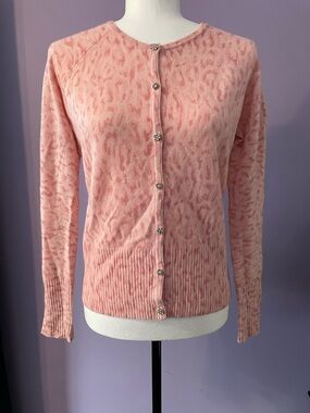Cashmere Pink Leopard-Print Crystal Button Cardigan